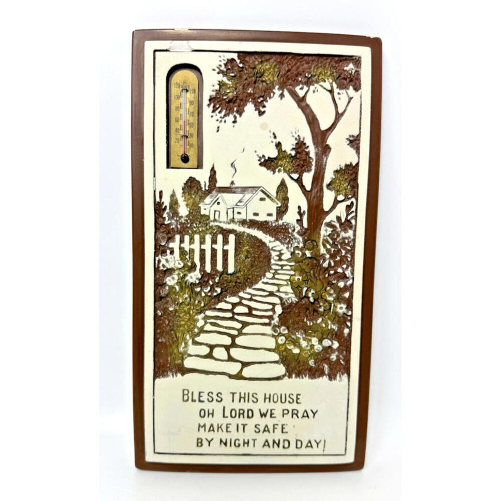 Vintage Chalkware Thermometer Favor Ware Bless This House Wall Hanging Cottage